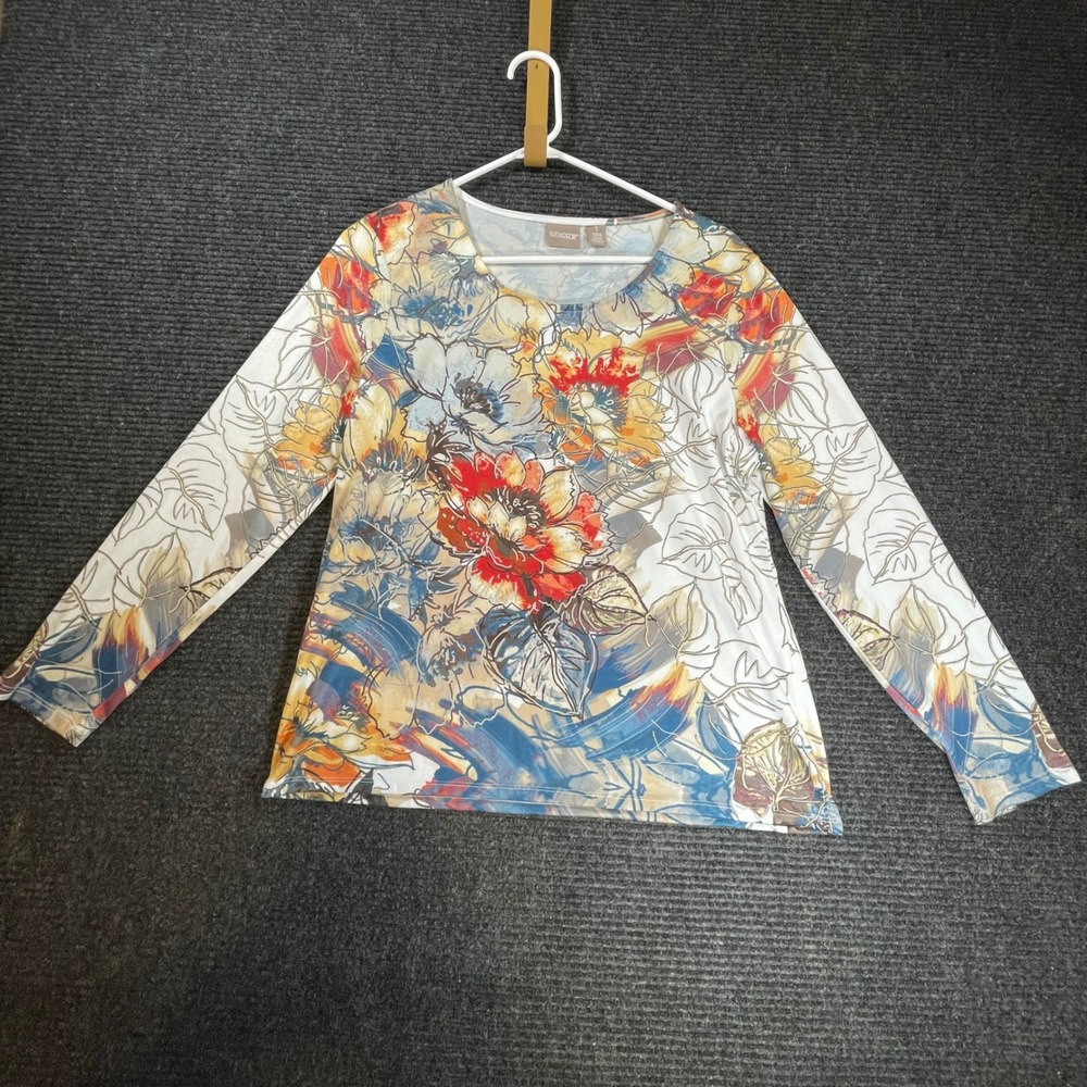 Chicos Floral Long Sleeve‎ Top Size 1 Medium Artistic Multi Color Knit Shirt